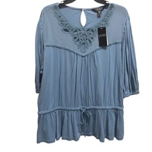 Lauren Ralph Lauren Blouse Top  Lace Trim Jersey Peplum Blue Women's NEW XXL